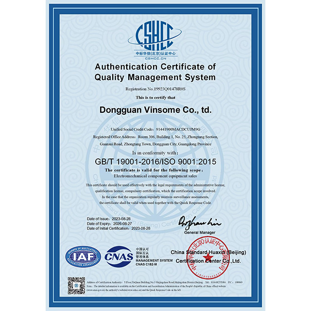 Certificate name: VINSOME DONGGUAN ISO9001: 2015,Certificate No.: 19923Q01478R0S